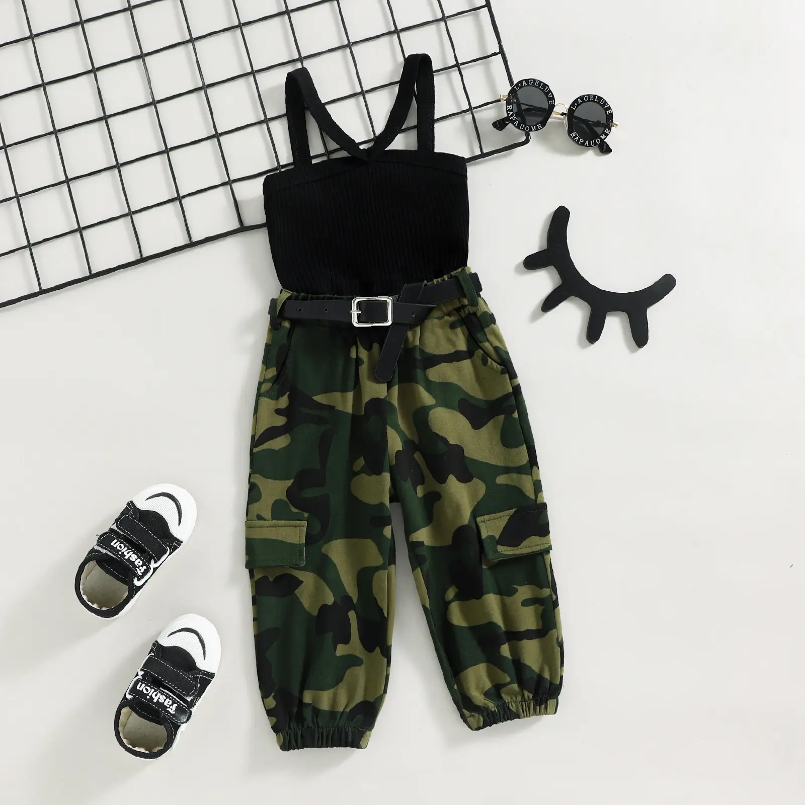 Girl Pants Casual Kid Girl Clothing Solid Color Sleeveless Sling Vest+camouflage Print Pants Summer Set