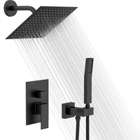 Système de douche mural noir mat de 8 pouces avec pommeau de douche carré en acier inoxydable et douchette à effet pluie à 1 poignée