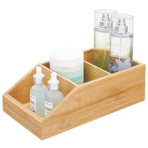 Bamboo Bathroom Organiser Tray With 3 Compartments And Open Front Ideal Makeup And Cosmetic Storage Container