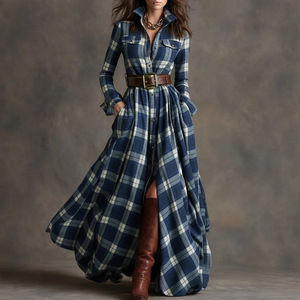 Robe midi à carreaux pour femmes grandes tailles, ourlet asymétrique, robe décontractée vintage amincissante - Product Image 3