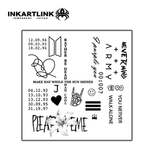 INKARTLINK - Pegatinas de Tatuajes Personalizadas para Fans de <span class=keywords><strong>BTS</strong></span>, Diseño ARMY, Hoja Combinada, Arte Corporal, Resistentes al Agua, Larga Duración (2 Semanas), Semipermanentes - Product Image 6