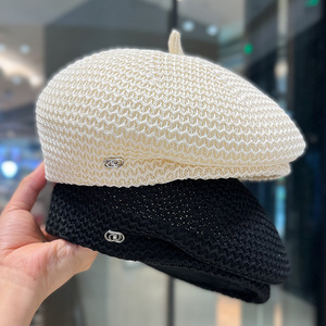 Boina Clásica Vintage Chic Hecha <span class=keywords><strong>a</strong></span> Mano <span class=keywords><strong>para</strong></span> Mujer, Gorro de Punto de Color Sólido, Bordado Estampado, 100% Poliéster, Primavera Otoño - Product Image 1