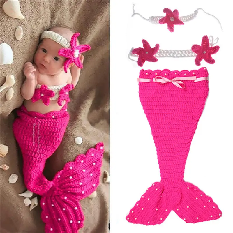 Newborn Baby Photography Photo Props Crochet Knitted mermaid costume outfits Beanie Hat Pants set Photo Shoot gift