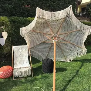 Patio di lusso in legno di cotone tessuto giardino esterno ombrellone, macramè fatto a mano in cotone nappe 2.5M spiaggia ombrellone