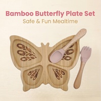 Ensemble de 4 assiettes divisées en bambou en forme de papillon pour bébé, plateau d'alimentation pour tout-petits avec cuillère et fourchette en bois et silicone