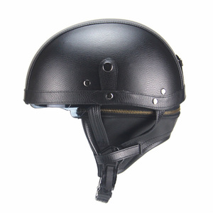 個性的なトレンド感のあるヴィンテージレザーカバーのオープンハーフオープンフェイスヘルメット、レトロな機関車風バイクヘルメット（バイザー付き） - Product Image 5