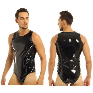 Luxury Mens Latex Wrestling Singlet Bodysuit Zipper One-piece Sleeveless Leotard Thongs