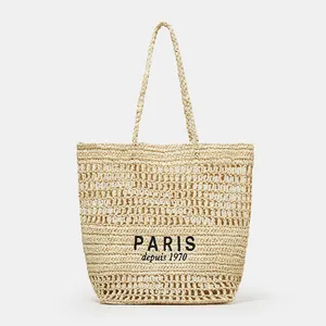 New Embroidered Woven Handbag for Women Paper Straw Handwoven Shoulder Bag Straw Vegetable Basket Beach Bag