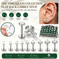Piercing de Labret de Acero Quirúrgico 316L con Doble Estrella de Circonita Cúbica de 16G, Roscado Internamente, Parte Trasera Plana de 6mm, para Hélice, Tragus y Cartílago
