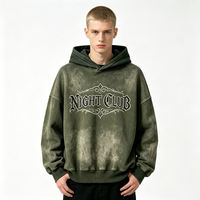 Sweat à capuche vert olive vintage, imprimé Kornit DTG, motif police gothique rétro, bordure en strass, coupe ample, style streetwear
