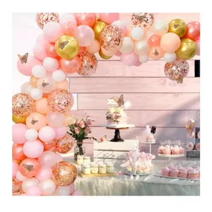 2022 New products Pink theme balloon garland arch kit white gold confetti ballon Baby Shower Party Decoration with Butterfly