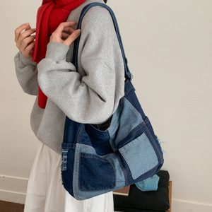 ウォッシュドカラーブロックデニムショルダーバッグ 大容量 スラウチバッグ ショッピングや旅行に - Product Image 3