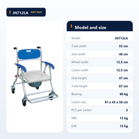 Chaise de toilette pliante à assise souple, en alliage d'aluminium, avec roulettes, dossier et accoudoirs bleus, pour la sécurité des patients handicapés dans la salle de bain