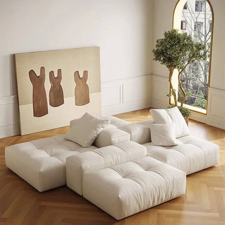 ATUNUS-Sofá de suelo beige suave cuadrado minimalista nórdico, conjunto de sofá blanco para sala de estar modular seccional