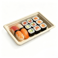 Afbreekbare, recyclebare, wegwerpbaar rechthoekig sushi- en fruitplateau, stapelbaar, geschikt voor magnetron, van bagasse, voor fastfood.