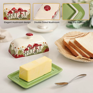 Porte-beurre en porcelaine avec couvercle, design personnalisé en forme de champignon, en céramique - Product Image 3