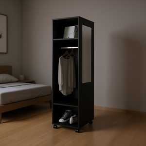 Armoire noire 63H 3 étagères 1 miroir 4 roulettes Porte coulissante Armoire moderne Meubles de chambre à coucher - Product Image 2