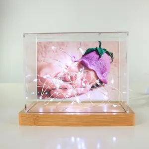Cadeau innovant boîte acrylique transparente porte-photos cadres photo en bambou sans cadre avec led allumer 4x6 cadre photo