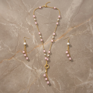Custom Rhodium Plated Imitation Pearl Jewelry Set with Rose Quartz Bead Tassel Drop Lariat Necklace & Earrings for Women - Product Image 5