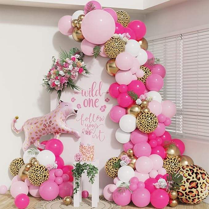 LEMON Wild One Pink Leopard Print Balloon Garland Arch Kit Jungle