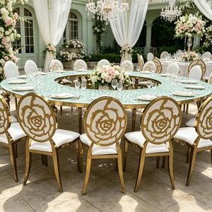 Luxury Hotel Event Banquet Furniture Round Shape Full Moon Stainless Steel <b>Mirror</b> White Glass Wedding <b>Table</b> Chair Set - Product Image 1