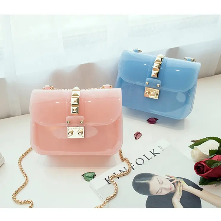 Rivet portable chain beach bag new women frosted jelly colorful pvc handbag