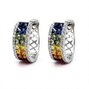Pendientes de Aro de Oro Blanco de 18K con Zafiros Arcoíris, Engaste Invisible, Piedras Preciosas Multicolor de Corte Princesa, Joyería Fina al por Mayor - Product Image 1
