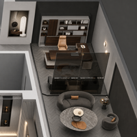 Service de rendu 3D de bureaux modernes en bois, visuel d'intérieur, rénovation de bureaux commerciaux, projet complet pour centre commercial