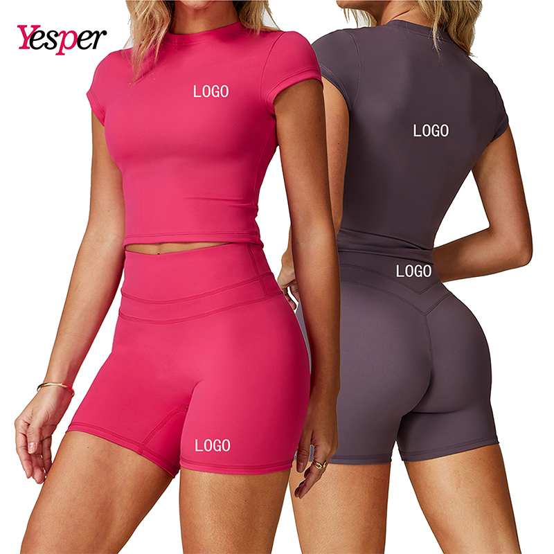 Women's Lightweight Gym Activewear Sports Suit Two-Piece Fitness Set Solid Short Sleeve Top Shorts Waist Front for Yoga Short