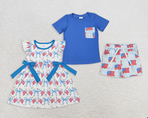 Conjuntos de Camisetas con Bolsillos y Pantalones Cortos con Estampado de Banderas del 4 de Julio para Hermanos y Niños, Vestidos hasta la Rodilla - Product Image 1