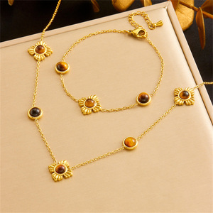 Gold Plated Stainless Steel Tiger Eye Flower Necklace <b>Bracelet</b> <b>Set</b> For Women Gift Jewelry Fashion Accessories - Product Image 1