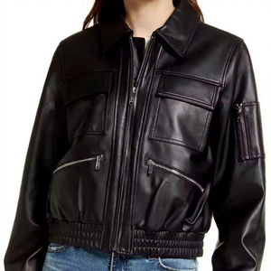 Veste en cuir véritable noir pour femme avec poches à rabat sur la poitrine, ourlet élastique en peau de mouton, style cargo, motard, bomber, manteau chaud d'hiver personnalisé - Product Image 1
