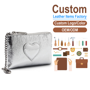 Genuine Leather Oil Wax Coin <b>Purse</b>, Metallic Silver Heart Pouch, OEM/ODM Custom Factory, Cute Keychain Bag - Product Image 1