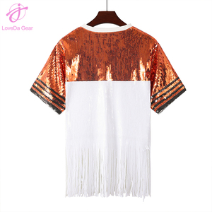 T-shirt Casual con paillettes morbide da donna Loveda Factory Custom in maglia traspirante con <span class=keywords><strong>frange</strong></span> Top in tinta unita e paillettes t-shirt - Product Image 2