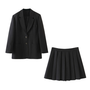 Ensemble tailleur femme Runqi couleur unie en laine peignée grande taille avec épaulettes coupe ample et mini-jupe taille haute N8303 N8304 - Product Image 1