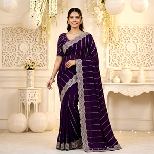Sari Morado Elegante de AARA Fashion con Bordado Plateado, Protección Solar, para Bodas, Largo hasta el Suelo, Estilo India/Pakistán - Product Image 1