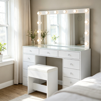 Grande table de maquillage moderne blanche avec miroir éclairé, tabouret rembourré et 10 tiroirs multi-rangements