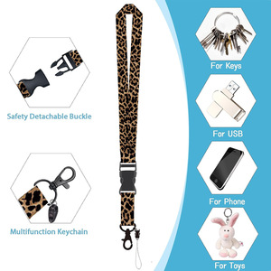 Brown leopard print ID badge <b>clip</b> with lanyard, retractable pull <b>buckle</b>, detachable polyester neck strap and phone strap. - Product Image 2