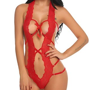 Lencería <span class=keywords><strong>sexy</strong></span> y atrevida: Body de encaje con cuello halter y aberturas, con almohadillas de control ligero en el pecho, lavable a máquina (Multicolor Negro/Rojo) - Product Image 3