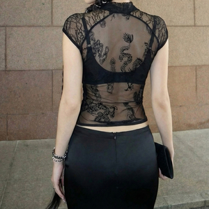Summer Women’s Y2K Vintage Dragon Print Sheer Mesh Mock Neck Short Sleeve Sexy T-Shirt Wholesale - Product Image 5