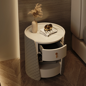 Italian Minimalist <strong>Round</strong> Nightstand Genuine Leather Cabinet with Sintered Stone Top Bedroom Luxury Solid Wood <strong>Bedside</strong> <strong>Table</strong> - Product Image 3