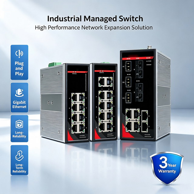 8-Port Gigabit PoE+ RJ45/Fiber 6-SFP Managed Industrial Ethernet Switch DIN-Rail Layer 2 SNMP VLAN QoS Management Factory