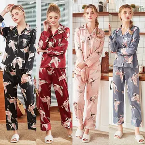 New Autumn Animal Print Long-Sleeved Trousers Home Service Two-Piece Sets Wholesale Women Silk Pajamas