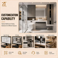 Meuble-lavabo flottant modulaire sophistiqué avec fond texturé en pierre et niche LED encastrée pour projet d'appartement
