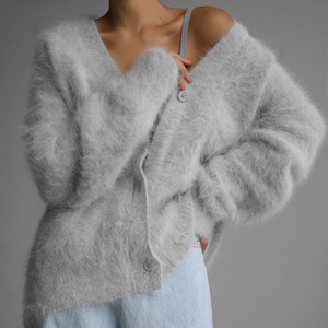 Herbst-Winter-Cardigan für Damen, Flauschiger V-Ausschnitt Strickpullover, Einreihig, Überschnittene Schulter, Puffärmel, Gerippte Manschetten, Gemütlich Weich und Warm - Product Image 4