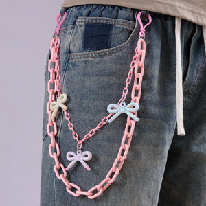 Cadena de cintura Yueli Dopamine Butterfly para mujer, lazo acrílico rosa, estilo hip hop, para salir de noche, cadena corporal de moda con doble anillo. - Product Image 1