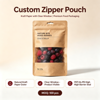 Op maat gemaakte zak met gusset en ritssluiting, van kraftpapier met transparant venster, hoge barrière, hersluitbaar, food grade, voor gedroogd fruit, 120g