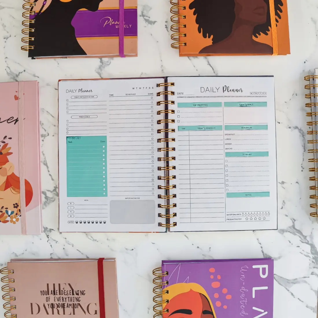 Cuadernos de diario personalizados, muestra gratis, a granel, Con encuadernación en espiral dorada, A5, cubierta de papel sin fecha, planificador diario mensual y semanal