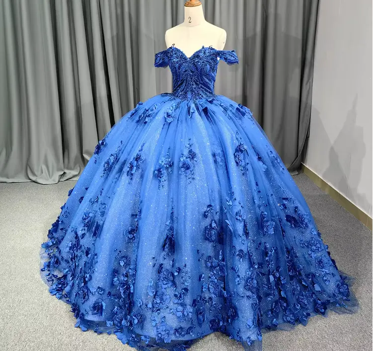 QD1654 3D Flowers Beading Sweetheart Quinceanera Dresses Ball Gown Princess Dress New Designs Ball Gowns Puffy Royal Blue