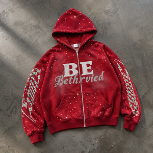 Ensemble de survêtement streetwear personnalisé pour <span class=keywords><strong>homme</strong></span>, comprenant un sweat à capuche zippé en molleton bouclette épais avec strass effet délavé et un pantalon de survêtement à jambe <span class=keywords><strong>large</strong></span> - Product Image 2